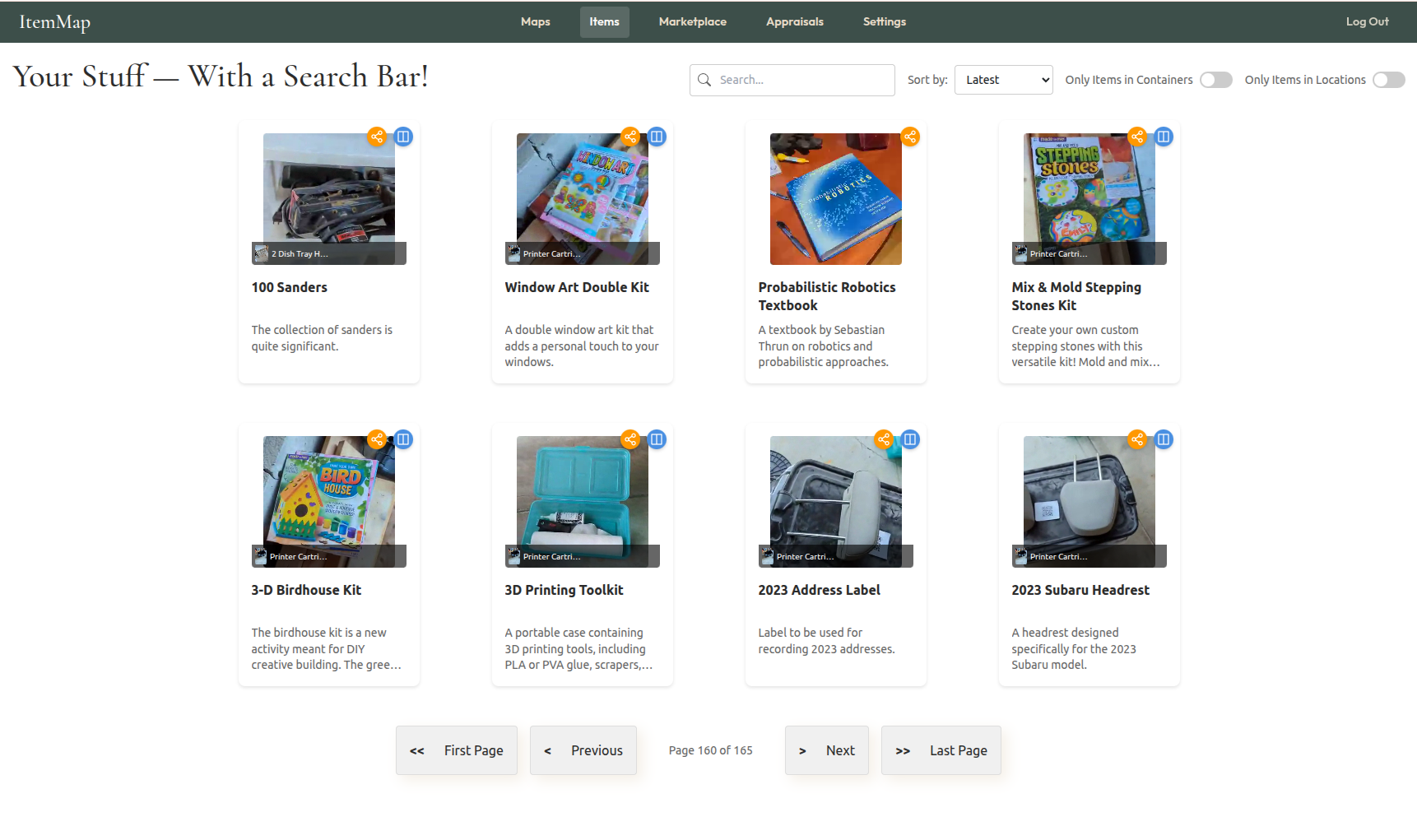 ItemMap inventory page showing full item catalog with 3D room visualization